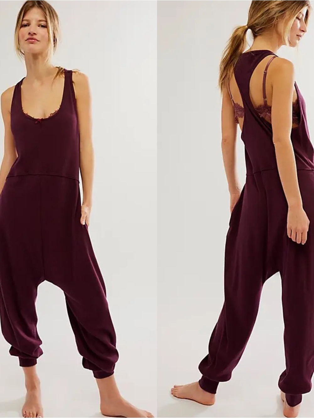 Free People Intimately Downtime Romper XL Burgundy Ribbed Slouchy Jumpsuit